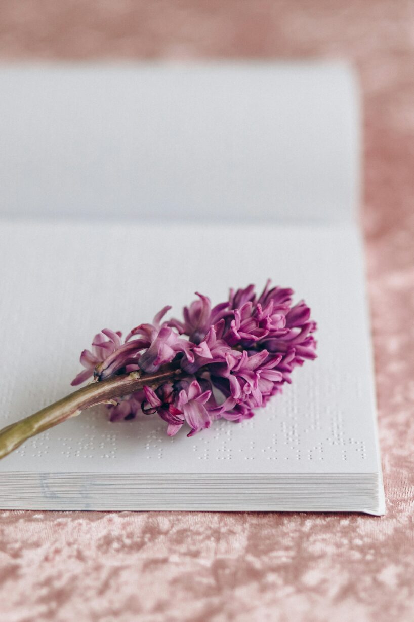 The image shows a close-up of a purple hyacinth flower resting on an open Braille book. The book's pages are embossed with raised dots, making the text accessible for blind or visually impaired readers. The background features a soft, pink velvet-like fabric, adding warmth and texture to the scene.