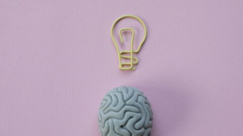 A small, blue brain-shaped object sits on a pastel pink background. Just above it is a yellow paperclip shaped like a light bulb, giving the feel of a bright idea or creative spark. The setup is playful and minimalist.
