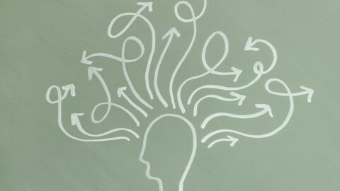 A minimalist illustration on a sage green background shows the outline of a human head in profile with multiple white arrows emerging from the top, curving and twisting in different directions to represent complex or scattered thoughts.