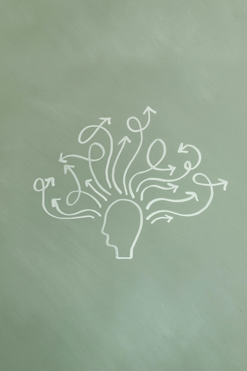 A minimalist illustration on a sage green background shows the outline of a human head in profile with multiple white arrows emerging from the top, curving and twisting in different directions to represent complex or scattered thoughts.