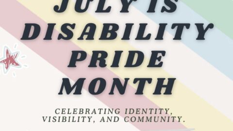A pastel-colored graphic featuring diagonal stripes in soft green, blue, cream, yellow, and pink—representing the Disability Pride flag. Bold navy text in the center reads: “July is Disability Pride Month.” Below, smaller olive green text says: “Celebrating identity, visibility, and community.” The design includes doodles of stars in red, white, and yellow scattered across the background, along with a string of star-shaped lights in the top right corner. “Networks for Training” appears at the bottom in simple black text.